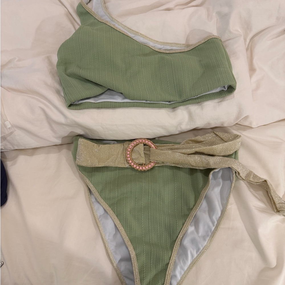 Green One-Shoulder Bikini Set with Gold Accents